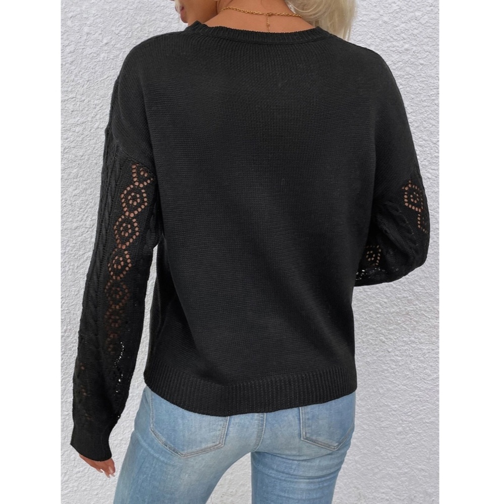 Lace Detail Black Knit Long Sleeve Light Sweater Top - Picture 4 of 11